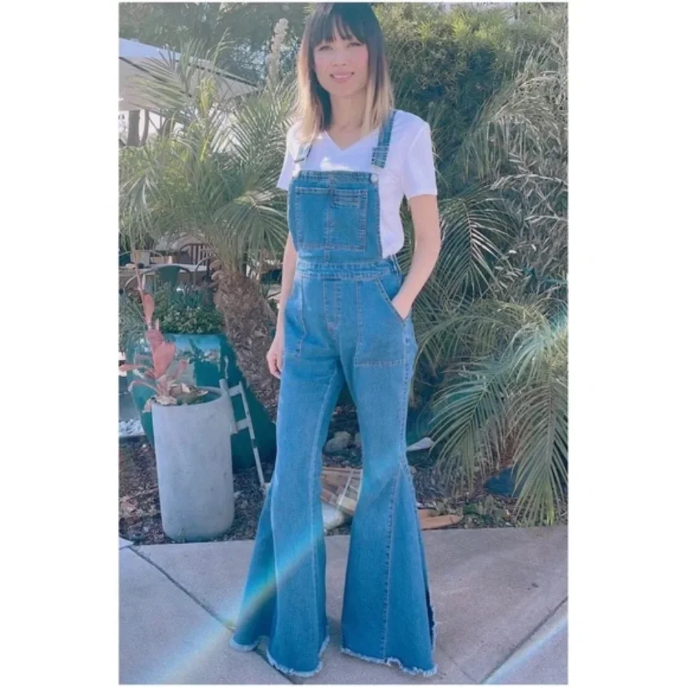 Boho Denim Vintage Style Flared Bell Bottom Wide Leg Overalls - Picture 1 of 8